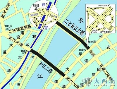 二七长江大桥上下桥示意图。 谢麦祥 绘