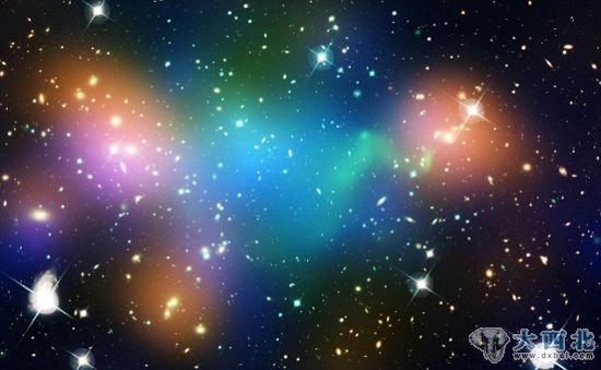 “阿贝尔520”星系团中心的暗物质、星系和炽热气体。蓝色区域是星系团绝大部分质量所在区域，主要由暗物质支配。
