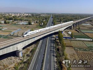 动车行驶在位于甘肃省张掖市的兰新高铁与连霍高速的一处交叉立交上
